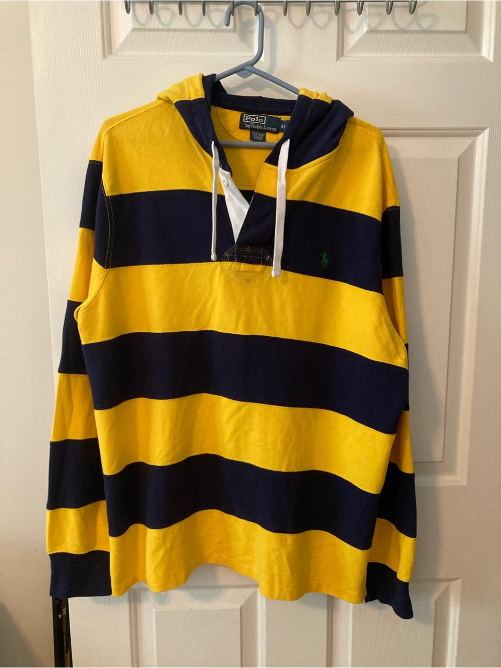 Polo by Ralph Lauren Yellow and Navy Striped Hooded Rugby Shirt